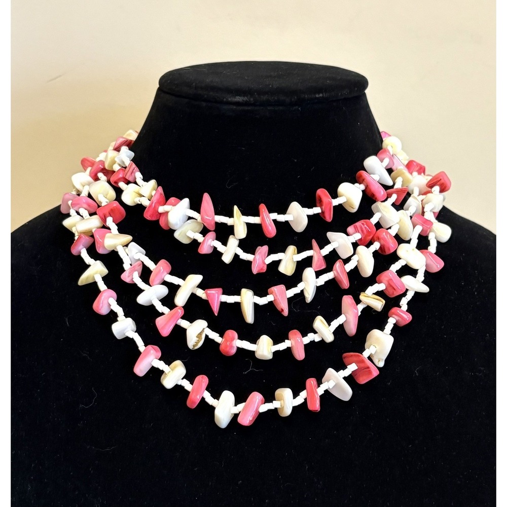 Vintage 5 Multi Strand Mother Of Pearl Chip Chunky Spring Summer Boho Necklace